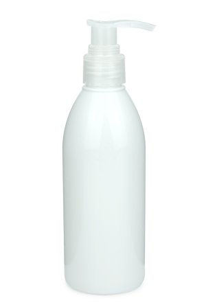 250 ml R-PET-Flasche weiß, Ø 54,5 mm, Seifenpumpe natur