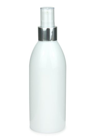 250 ml R-PET-Flasche weiß, Ø 54,5 mm, Lotionpumpe weiß/Metall