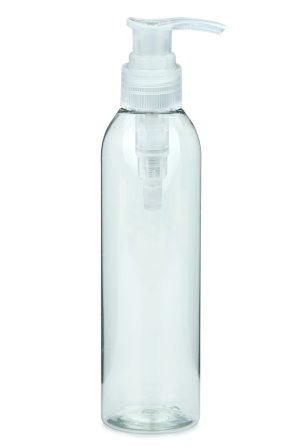250 ml R-PET-Flasche transparent, Ø 49,0 mm, Seifenpumpe natur
