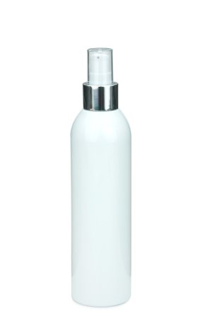 250 ml R-PET-Flasche weiß, Ø 49,0 mm, Lotionpumpe weiß/Metall