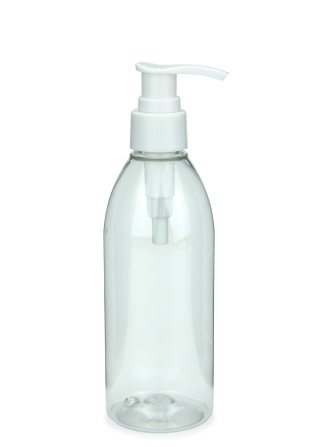250 ml PET-Flasche transparent, Ø 54,5 mm, Seifenpumpe weiß