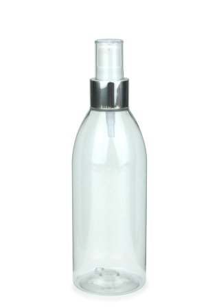 250 ml PET-Flasche transparent, Ø 54,5 mm, Lotionpumpe weiß/Metall