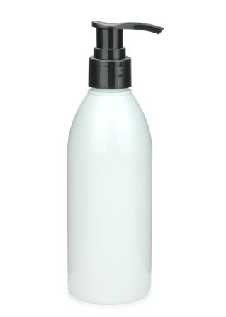 250 ml PET-Flasche weiß, Ø 54,5 mm, Seifenpumpe schwarz