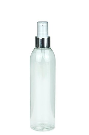250 ml PET-Flasche transparent, Ø 49,0 mm, Lotionpumpe weiß/Metall