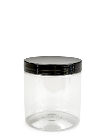 250 ml R-PET-Cylindrical Zylinderdose klar (70/400) – Deckel schwarz, glänzend, Induktionssiegel