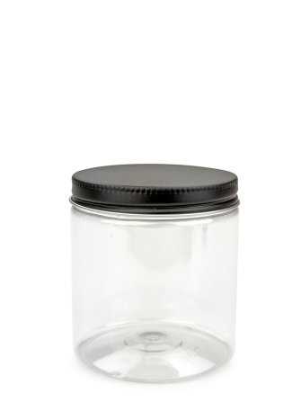 250 ml R-PET-Cylindrical Zylinderdose klar (70/400) – Alu-Deckel schwarz-silber, matt, EPE-Einlage