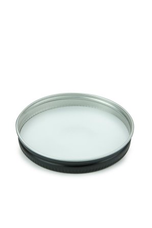 250 ml R-PET-Cylindrical Zylinderdose klar (70/400) – Alu-Deckel schwarz-silber, matt, EPE-Einlage