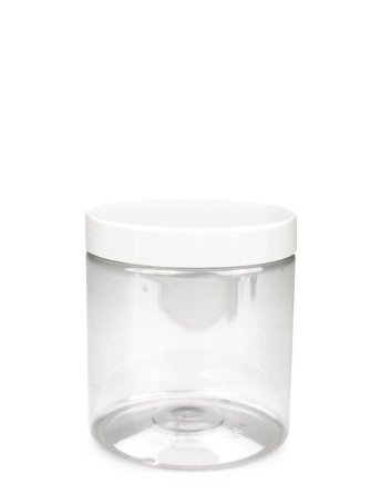 250 ml R-PET-Cylindrical Zylinderdose klar (70/400) – Deckel weiß, glänzend, Dichtkonus