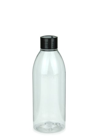 250 ml R-PET-Flasche transparent, Ø 54,5 mm, Schraubverschluss schwarz