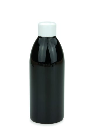 250 ml PET-Flasche schwarz, Ø 54,5 mm, Schraubverschluss mit Spritzeinsatz weiß