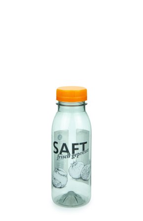 250 ml R-PET-Flasche transparent, Ø 54,0 mm, Schraubverschluss orange