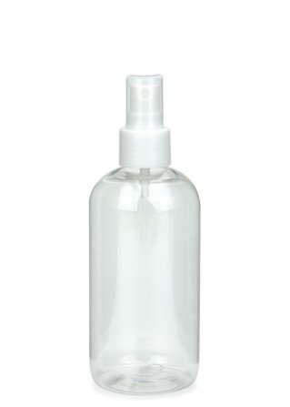 250 ml PET-Flasche transparent, Ø 58 mm, Sprühzerstäuber weiß, glatt