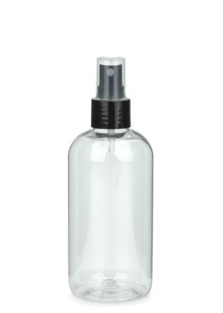 250 ml PET-Flasche transparent, Ø 58 mm, Sprühzerstäuber schwarz, glatt