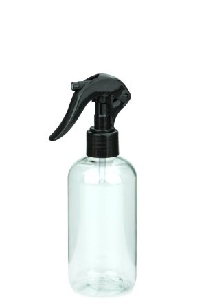 250 ml PET-Flasche transparent, Ø 58 mm, Mini-Trigger-Sprühzerstäuber schwarz