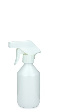250 ml PET-Flasche weiß, Ø 63 mm, Trigger-Sprühpistole, Einzelmodus weiß, geriffelt