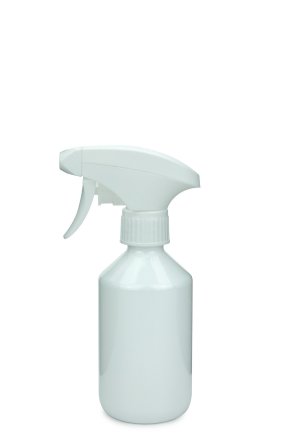 250 ml PET-Flasche weiß, Ø 63 mm, Metallfreie Trigger-Sprühpistole weiß, geriffelt