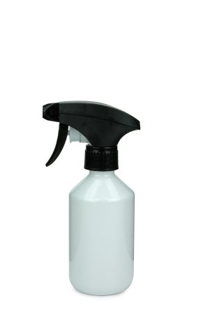 250 ml PET-Flasche weiß, Ø 63 mm, Metallfreie Trigger-Sprühpistole schwarz, geriffelt
