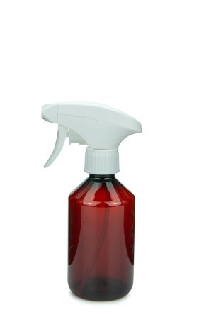 250 ml PET-Flasche braun, Ø 63 mm, Metallfreie Trigger-Sprühpistole weiß, geriffelt