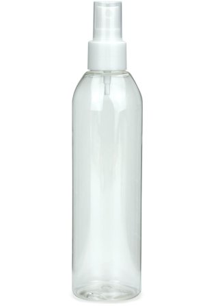 250 ml PET-Flasche transparent, Ø 49 mm, Sprühzerstäuber weiß, glatt