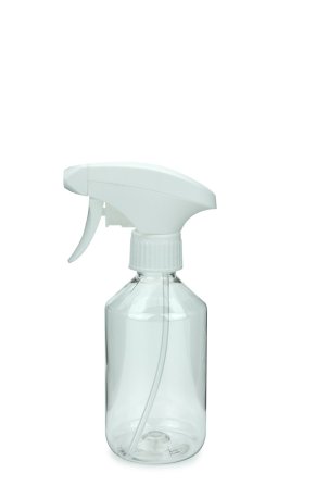 250 ml PET-Flasche transparent, Ø 63 mm, Metallfreie Trigger-Sprühpistole weiß, geriffelt