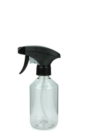 250 ml PET-Flasche transparent, Ø 63 mm, Metallfreie Trigger-Sprühpistole schwarz, geriffelt
