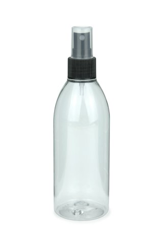 250 ml R-PET-Flasche transparent, Ø 54,5 mm, Sprühzerstäuber schwarz, geriffelt