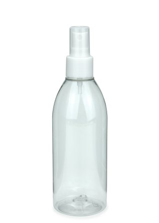 250 ml R-PET-Flasche transparent, Ø 54,5 mm, Sprühzerstäuber weiß