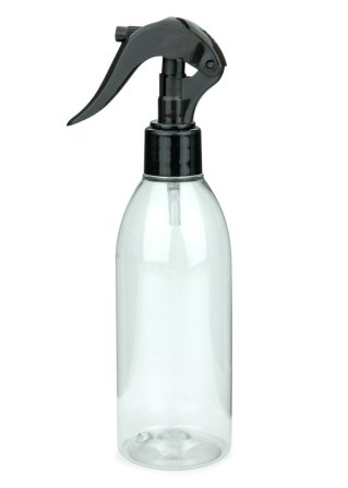 250 ml R-PET-Flasche transparent, Ø 54,5 mm, Mini-Trigger-Sprühzerstäuber schwarz, glatt