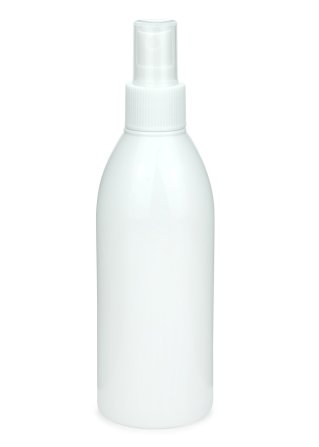 250 ml R-PET-Flasche weiß, Ø 54,5 mm, Sprühzerstäuber weiß, geriffelt