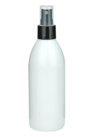250 ml R-PET-Flasche weiß, Ø 54,5 mm, Sprühzerstäuber schwarz