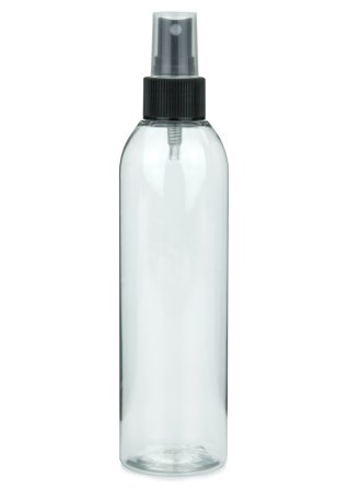 250 ml R-PET-Flasche transparent, Ø 49 mm, Sprühzerstäuber schwarz, geriffelt