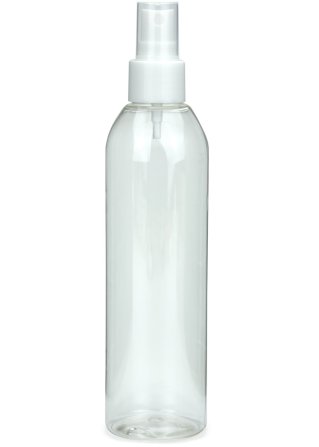 250 ml R-PET-Flasche transparent, Ø 49 mm, Sprühzerstäuber weiß, glatt