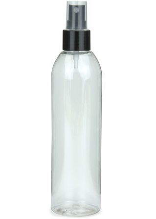250 ml R-PET-Flasche transparent, Ø 49 mm, Sprühzerstäuber schwarz, glatt