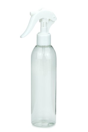 250 ml R-PET-Flasche transparent, Ø 49 mm, Mini-Trigger-Sprühzerstäuber weiß