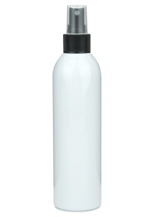 250 ml R-PET-Flasche weiß, Ø 49 mm, Sprühzerstäuber schwarz, geriffelt