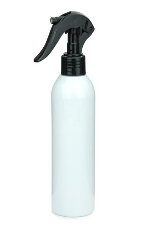 250 ml R-PET-Flasche weiß, Ø 49 mm, Mini-Trigger-Sprühzerstäuber schwarz