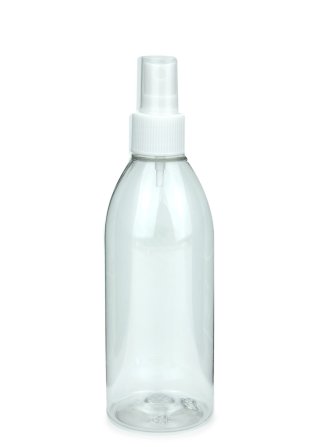250 ml PET-Flasche transparent, Ø 54,5 mm, Sprühzerstäuber weiß, geriffelt