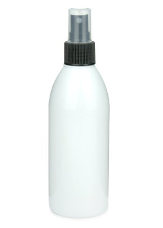 250 ml PET-Flasche weiß, Ø 54,5 mm, Sprühzerstäuber schwarz, geriffelt