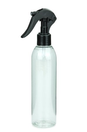250 ml PET-Flasche transparent, Ø 49 mm, Mini-Trigger-Sprühzerstäuber schwarz