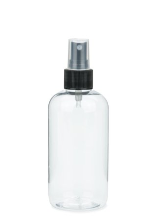 250 ml PET-Flasche transparent, Ø 58 mm, Sprühzerstäuber schwarz, geriffelt
