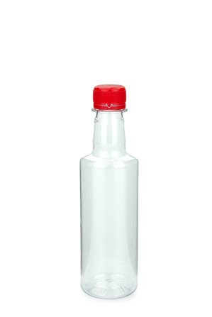 300 ml PET-Lebensmittelflasche transparent, Ø 58,0 mm, Verschluss rot