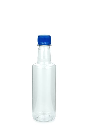 300 ml PET-Lebensmittelflasche transparent, Ø 58,0 mm, Verschluss blau