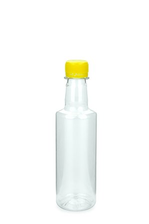300 ml PET-Lebensmittelflasche transparent, Ø 58,0 mm, Verschluss gelb