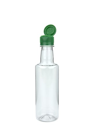300 ml PET-Speiseöl-Flasche transparent, Ø 58,0 mm, Verschluss grün