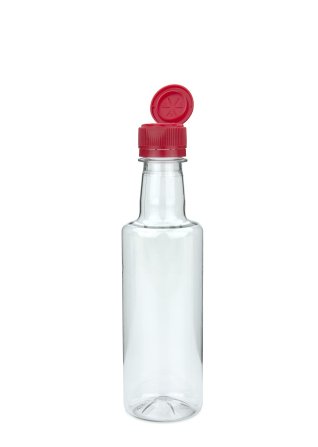 300 ml PET-Speiseöl-Flasche transparent, Ø 58,0 mm, Verschluss rot