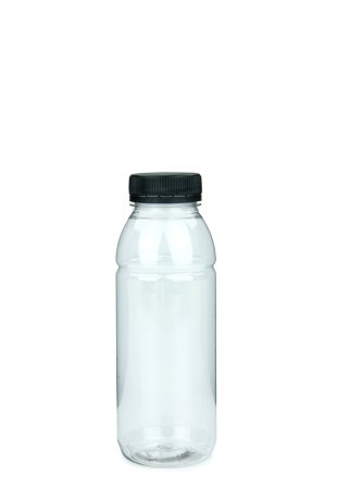 330 ml R-PET-Smoothie-Flasche transparent, Ø 57,6 mm, Verschluss schwarz
