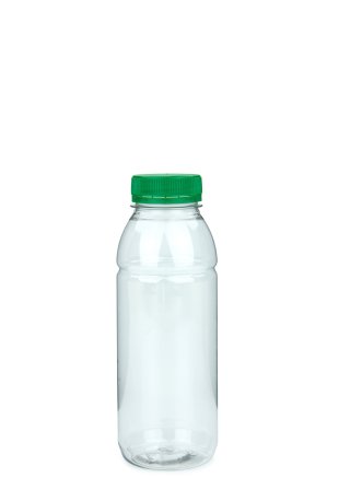 330 ml PET-Smoothie-Flasche transparent, Ø 57,6 mm, Verschluss grün
