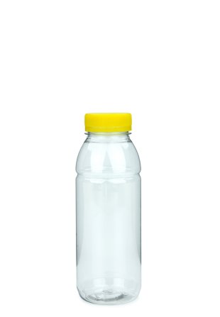 330 ml PET-Smoothie-Flasche transparent, Ø 57,6 mm, Verschluss gelb