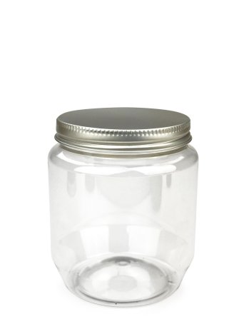 370 ml PET-Cremetiegel klar (70/400) – Alu-Deckel silber, glänzend, EPE-Einlage