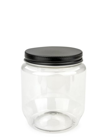 370 ml PET-Cremetiegel klar (70/400) – Alu-Deckel schwarz-silber, matt, EPE-Einlage